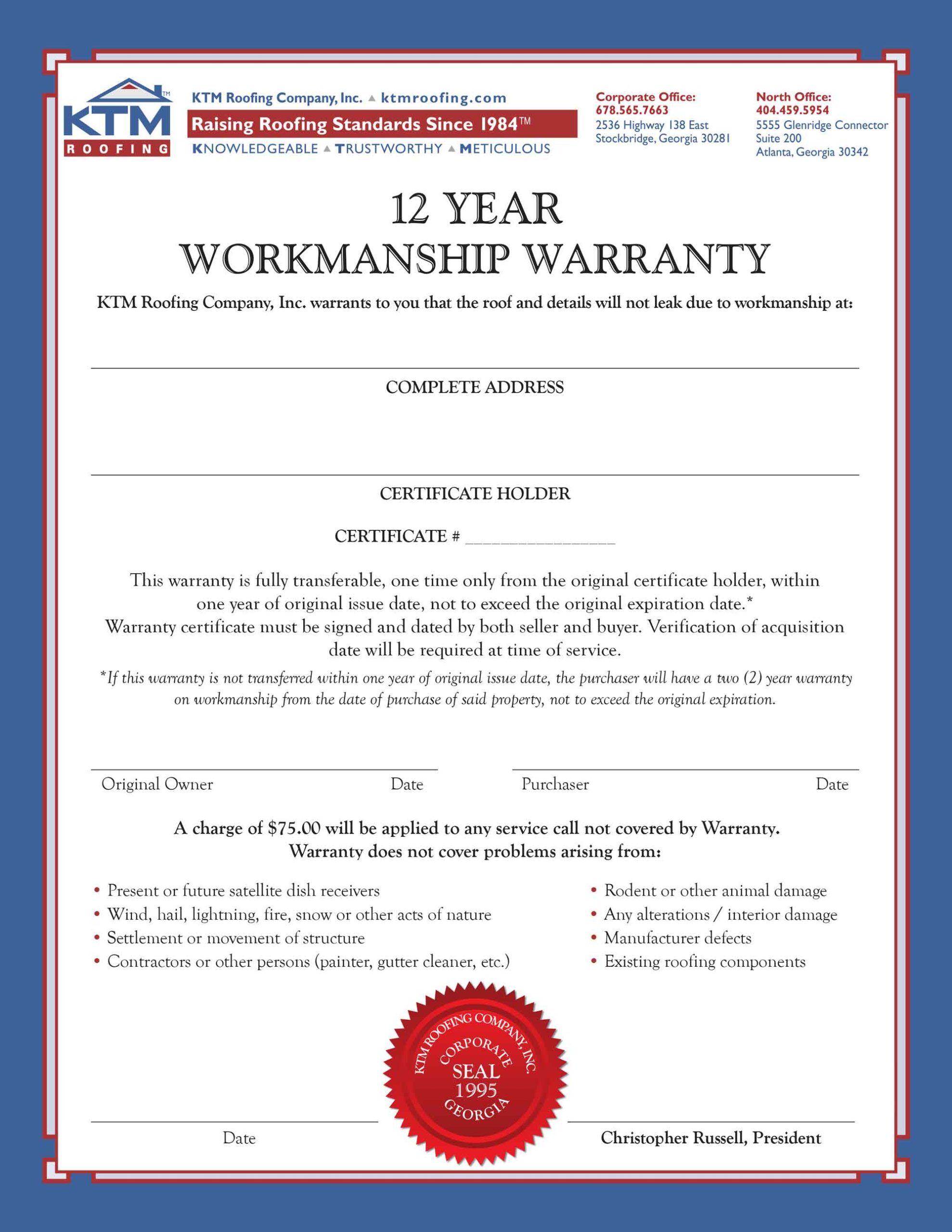 2023-ktm-12-year-warranty-fnl KTM Roofing 12-year transferable workmanship warranty document for Atlanta homeowners.