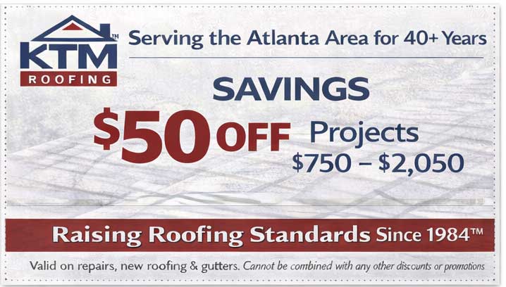 Coupon for $50 off for KTM Roofing projects between $750 & $2,050.