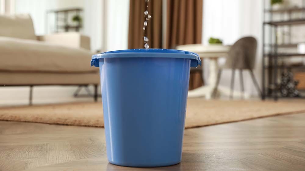 bucket collecting water from leaking roof