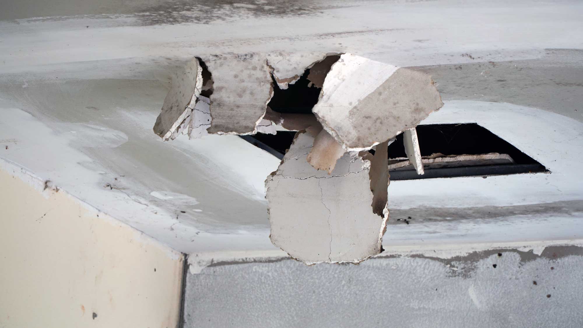 Broken ceiling from storm damage