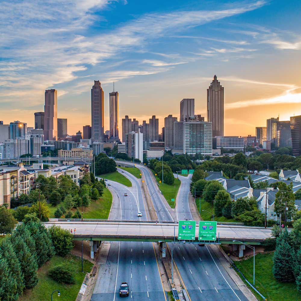 Drone shot of Atlanta skyline.